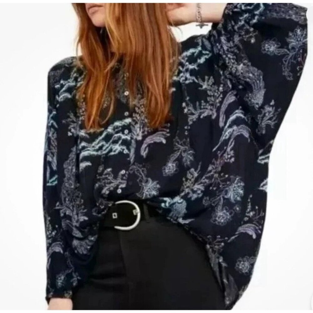 Free People Metallic Blooms‎ Peacock Print Blouse Black Multi Mandarin Collar XS